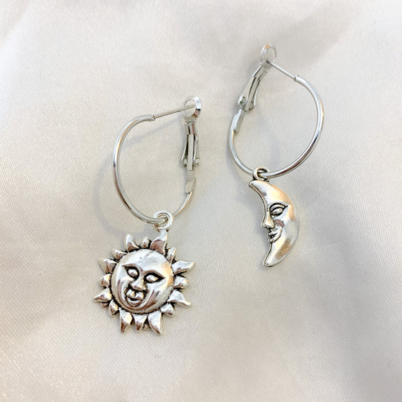 Lunar Collection Silver Sun And Moon Hoop Earrings